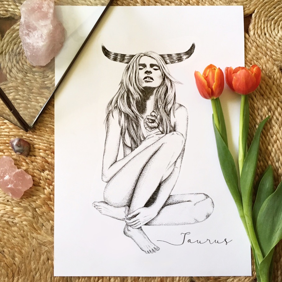 Taurus Horoscope Zodiac Print hand illustration by Tegan Swyny of Colour Cult graphic design and art, Brisbane.